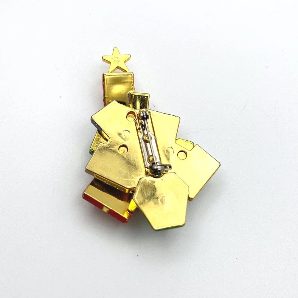Vintage Christmas Tree Brooch Gold Tone Enamel Present Stack‎ Rhinestone Pin